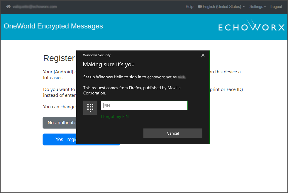 Echoworx register device screen prompt