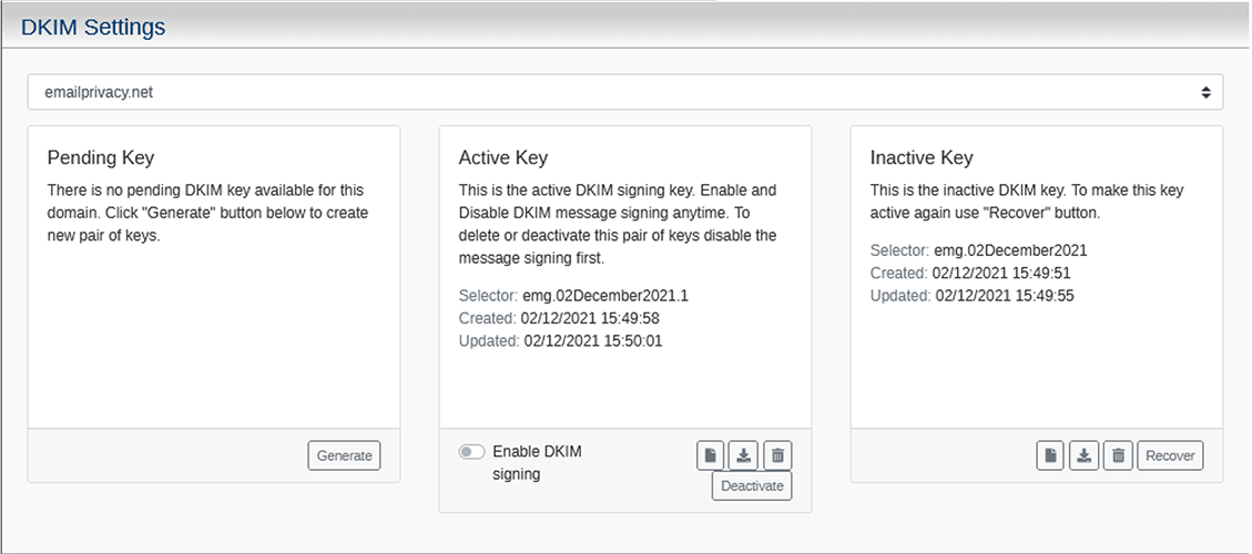 Echoworx platform DKIM settings administration panel