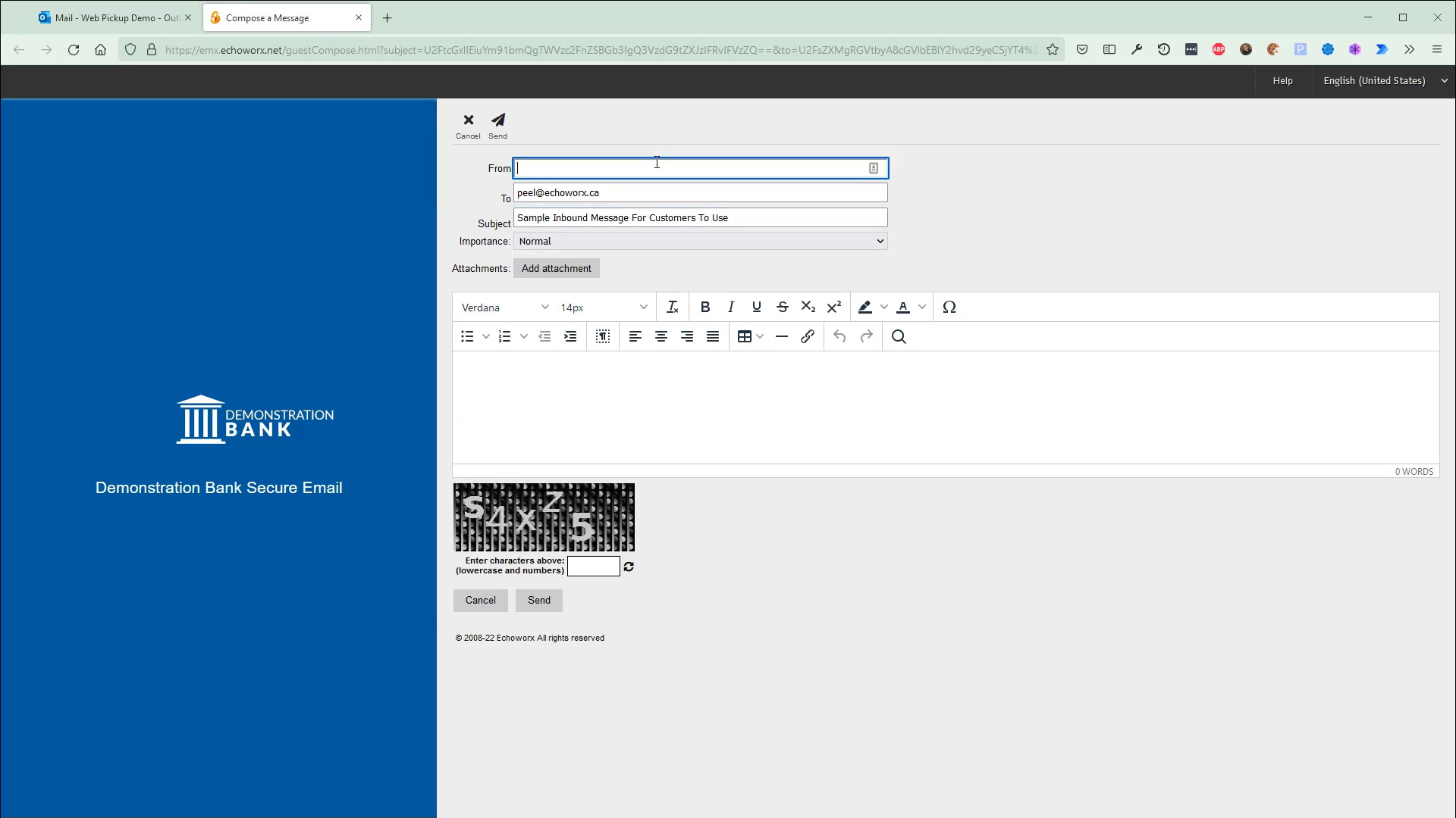 Echoworx product screen shot of guest composing a securing message
